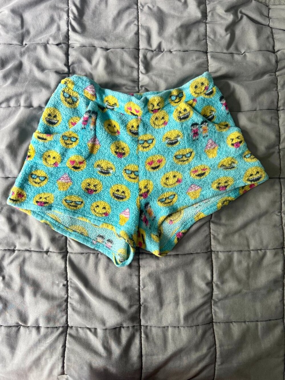 Candy Pink Fuzzy Plush Emoji Shorts Girls Size 14/16 Teal Lounge Pajama